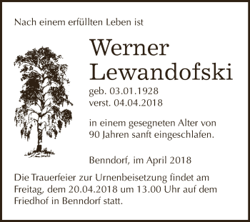 Traueranzeige von Werner Lewandofski von Super Sonntag SGH Mansf. Land