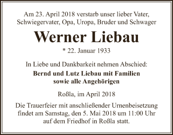 Traueranzeige von Werner Liebau von Super Sonntag SGH Mansf. Land