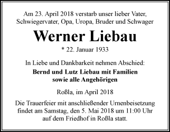 Traueranzeige von Werner Liebau von Mitteldeutsche Zeitung