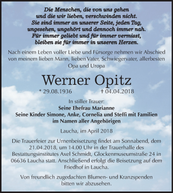 Traueranzeige von Werner Opitz von WVG - Wochenspiegel NMB / WSF / ZTZ