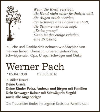 Traueranzeige von Werner Pach von WVG - Wochenspiegel Dessau / Köthen