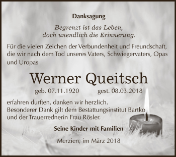 Traueranzeige von Werner Queitsch von WVG - Wochenspiegel Dessau / Köthen