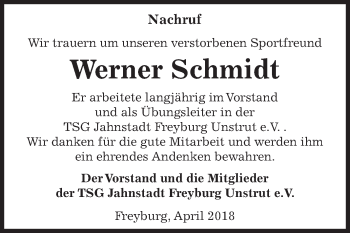Traueranzeige von Werner Schmidt von WVG - Wochenspiegel NMB / WSF / ZTZ