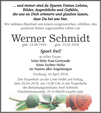 Traueranzeige von Werner Schmidt von WVG - Wochenspiegel NMB / WSF / ZTZ
