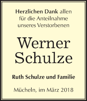 Traueranzeige von Werner Schulze von Mitteldeutsche Zeitung Merseburg/Querfurt