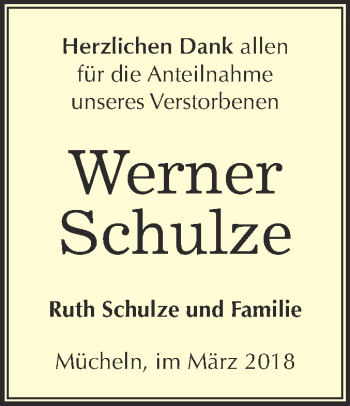 Traueranzeige von Werner Schulze von WVG - Wochenspiegel Merseburg