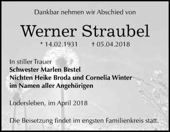 Traueranzeige von Werner Straubel von WVG - Wochenspiegel Merseburg