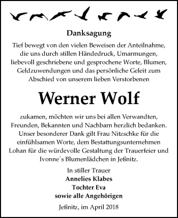 Traueranzeige von Werner Wolf von Mitteldeutsche Zeitung Bitterfeld
