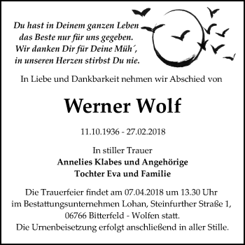 Traueranzeige von Werner Wolf von Mitteldeutsche Zeitung Bitterfeld