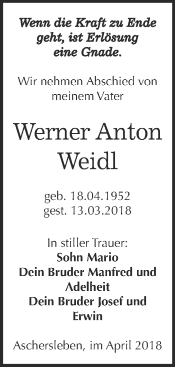 Traueranzeige von Werner Anton Weidl von Super Sonntag Aschersleben