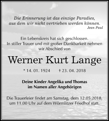 Traueranzeige von Werner Kurt Lange von Mitteldeutsche Zeitung Halle/Saalkreis