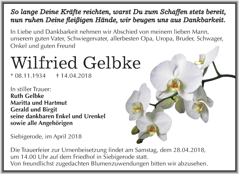  Traueranzeige für Wilfried Gelbke vom 19.04.2018 aus Mitteldeutsche Zeitung