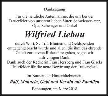Traueranzeige von Wilfried Liebau von WVG - Wochenspiegel SGH