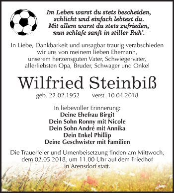 Traueranzeige von Wilfried Steinbiß von Mitteldeutsche Zeitung Köthen