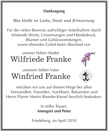 Traueranzeige von Wilfriede Franke von Mitteldeutsche Zeitung Halle/Saalkreis