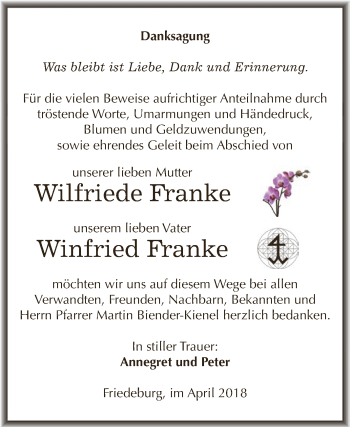 Traueranzeige von Wilfriede und Winfried Franke von Super Sonntag SGH Mansf. Land