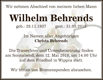 Traueranzeige von Wilhelm Behrends von Super Sonntag SGH Mansf. Land