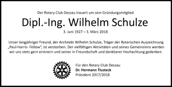 Traueranzeige von Wilhelm Schulze von Mitteldeutsche Zeitung Dessau-Roßlau