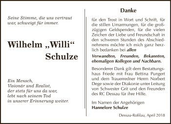 Traueranzeige von Wilhelm Schulze von WVG - Wochenspiegel Dessau / Köthen