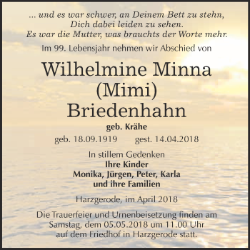 Traueranzeige von Wilhelmine Minna Briedenhahn von Super Sonntag Quedlinburg
