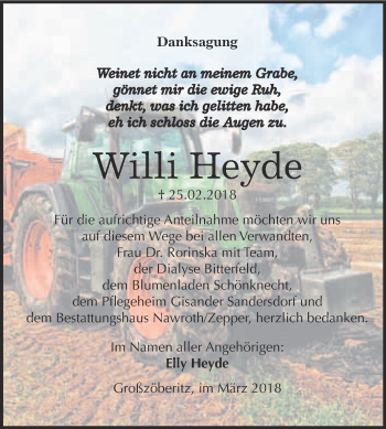 Traueranzeige von Willi Heyde von WVG - Wochenspiegel Bitterfeld