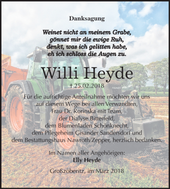 Traueranzeige von Willi Heyde von Mitteldeutsche Zeitung Bitterfeld