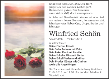 Traueranzeige von Winfried Schön von WVG - Wochenspiegel Bitterfeld