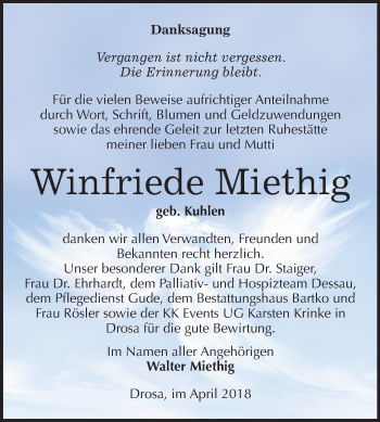 Traueranzeige von Winfriede Miethig von Mitteldeutsche Zeitung Köthen