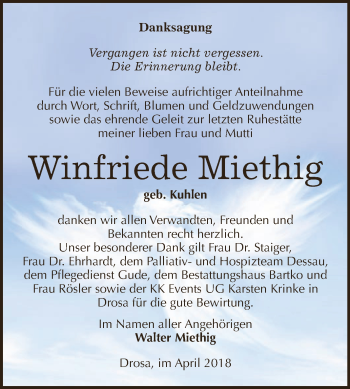 Traueranzeige von Winfriede Miethig von WVG - Wochenspiegel Dessau / Köthen
