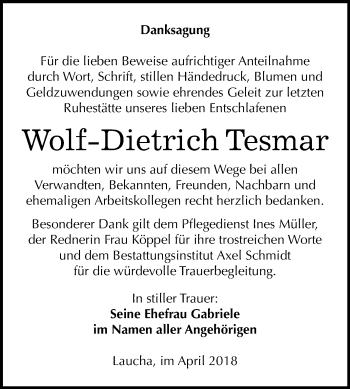 Traueranzeige von Wolf-Dietrich Tesmar von Mitteldeutsche Zeitung