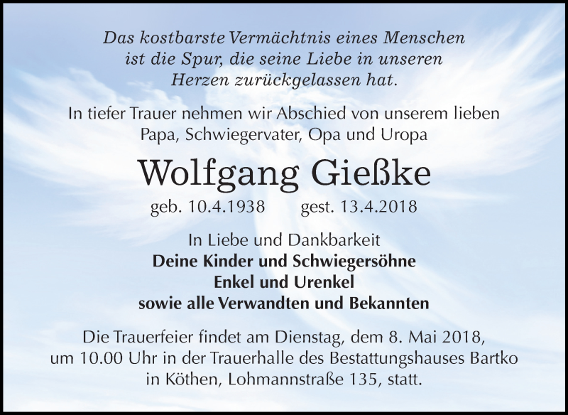 Traueranzeige für Wolfgang Gießke vom 21.04.2018 aus Mitteldeutsche Zeitung Köthen