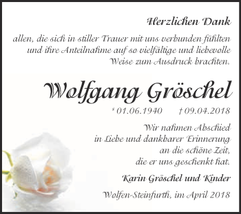 Traueranzeige von Wolfgang Gröschel von WVG - Wochenspiegel Bitterfeld