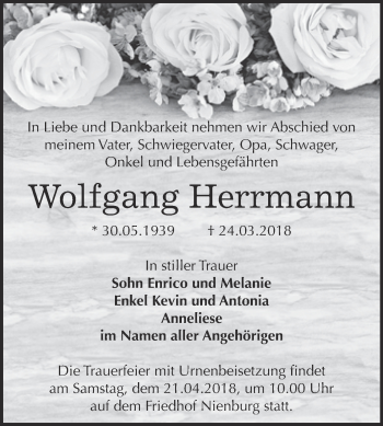 Traueranzeige von Wolfgang Herrmann von Super Sonntag Bernburg