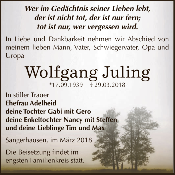 Traueranzeige von Wolfgang Juling von WVG - Wochenspiegel SGH