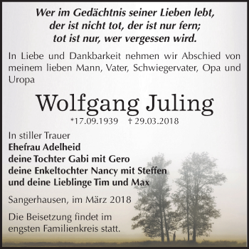 Traueranzeige von Wolfgang Juling von Mitteldeutsche Zeitung Sangerhausen