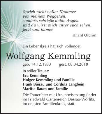 Traueranzeige von Wolfgang Kemmling von Mitteldeutsche Zeitung Bitterfeld