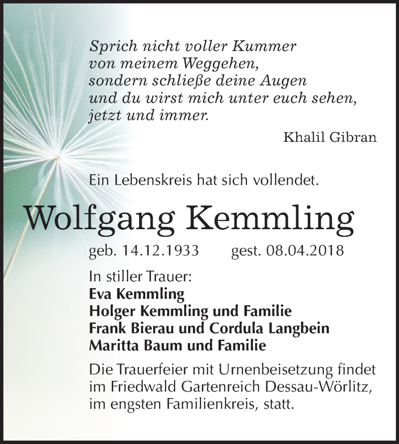  Traueranzeige für Wolfgang Kemmling vom 14.04.2018 aus Mitteldeutsche Zeitung Dessau-Roßlau