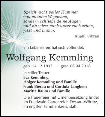 Traueranzeige von Wolfgang Kemmling von WVG - Wochenspiegel Bitterfeld