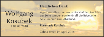 Traueranzeige von Wolfgang Kosubek von Super Sonntag Wittenberg