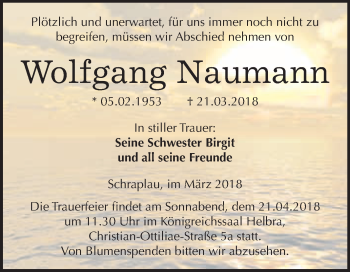 Traueranzeige von Wolfgang Naumann von WVG - Wochenspiegel Merseburg