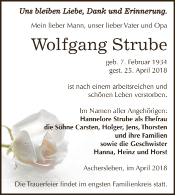 Traueranzeige von Wolfgang Strube von Super Sonntag Aschersleben