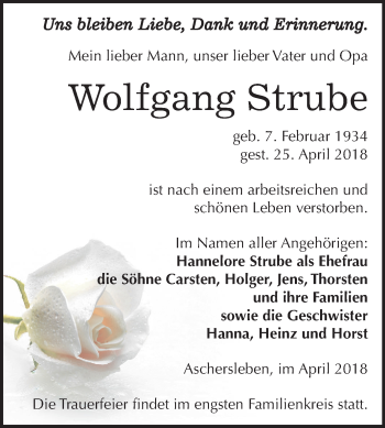 Traueranzeige von Wolfgang Strube von Mitteldeutsche Zeitung Aschersleben