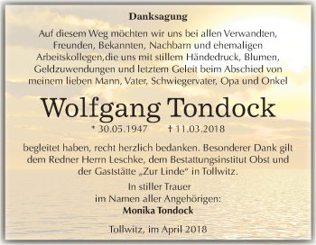 Traueranzeige von Wolfgang Tondock von Mitteldeutsche Zeitung Merseburg/Querfurt