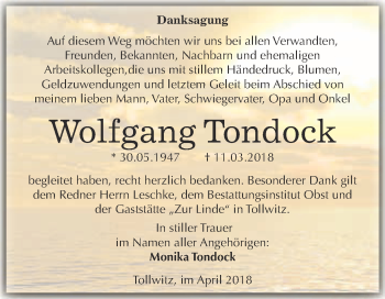 Traueranzeige von Wolfgang Tondock von Super Sonntag Merseburg