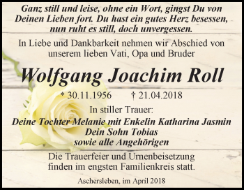 Traueranzeige von Wolfgang Joachim Roll von Mitteldeutsche Zeitung Aschersleben