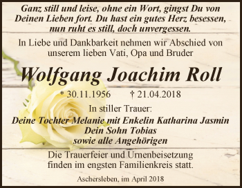 Traueranzeige von Wolfgang Joachim Roll von Super Sonntag Aschersleben