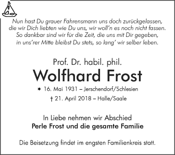Traueranzeige von Wolfhard Frost von Mitteldeutsche Zeitung Halle/Saalkreis