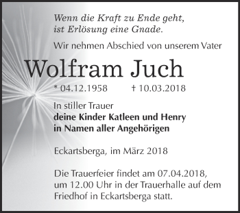 Traueranzeige von Wolfram Juch von WVG - Wochenspiegel NMB / WSF / ZTZ