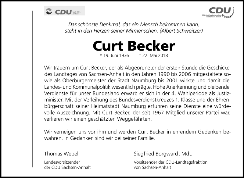  Traueranzeige für Curt Becker vom 26.05.2018 aus 