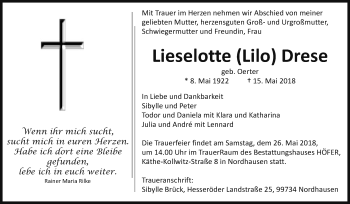 Traueranzeige von Lieselotte Lilo Drese von Mitteldeutsche Zeitung Sangerhausen